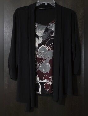 Perseption Black Open Cardigan With Floral Attached Tank Women's Size L/XL